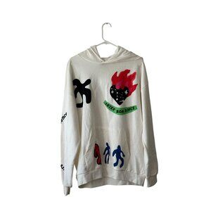 Zara Graphic Hoodie Sz Small White “Brief Romance” Flaming Heart Abstract Art